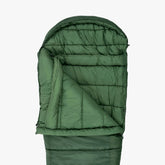Highlander's Phoenix Flame 400 mummy sleeping bag in green, featuring double-layer insulation and durable Ripstop shell.